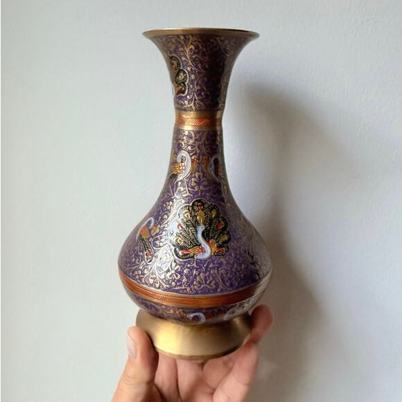 Vintage Indian Brass Vase Hand Etched Peacock Floral Design Meenakari Enamel 7” - Picture 7 of 7